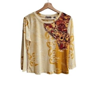 Y2K Semi-sheer Fitted Crew Neck Shirt in Yellow Gold Tone with Red, Size Medium